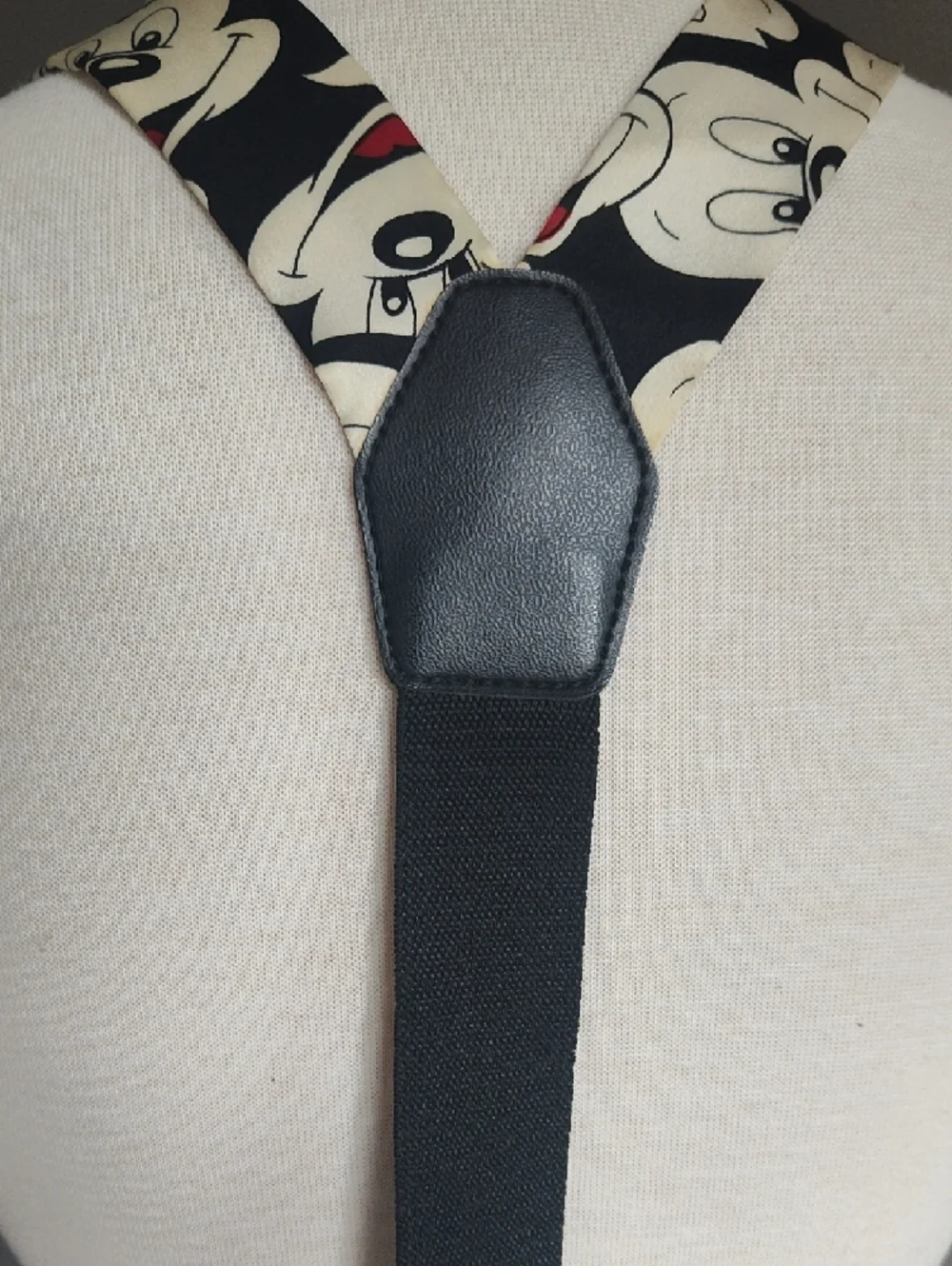 Disney Vintage Black Red and Cream Silk Mickey Print Suspenders with Gold Accent - Picture 4 of 10